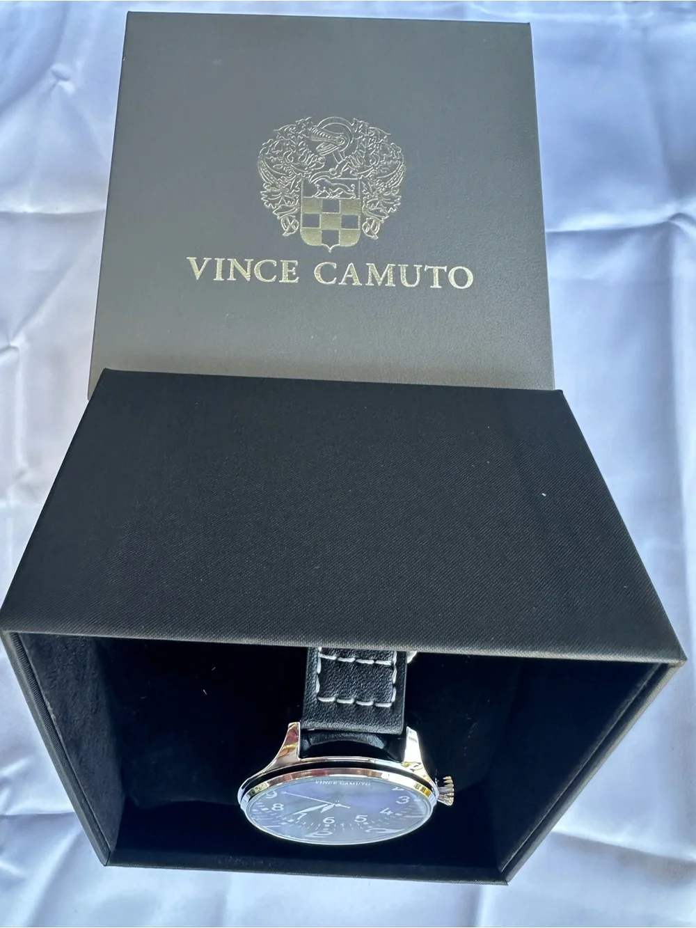 Vince Camuto Men's Blue Dial Watch with Black Leather Strap and Silver Case